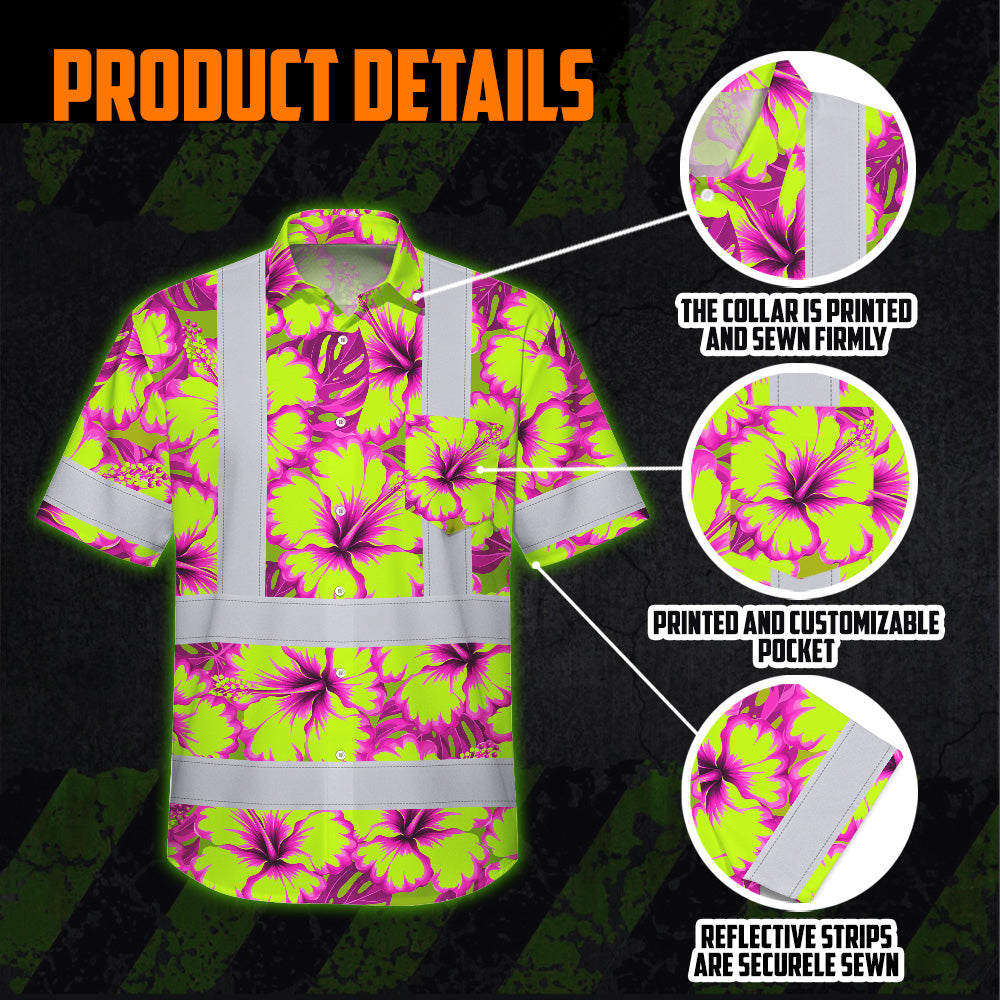 Hi Vis Hawaiian Shirt Reflective Tapes Pink Neon And Lime Flowers Custom Name Safety Workwear For Workers, Truckers, Operators
