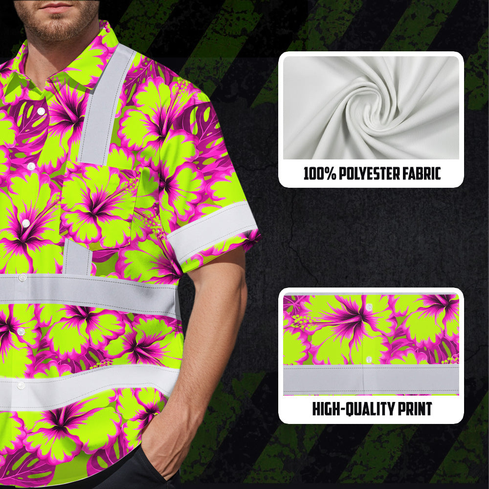 Hi Vis Hawaiian Shirt Reflective Tapes Pink Neon And Lime Flowers Custom Name Safety Workwear For Workers, Truckers, Operators