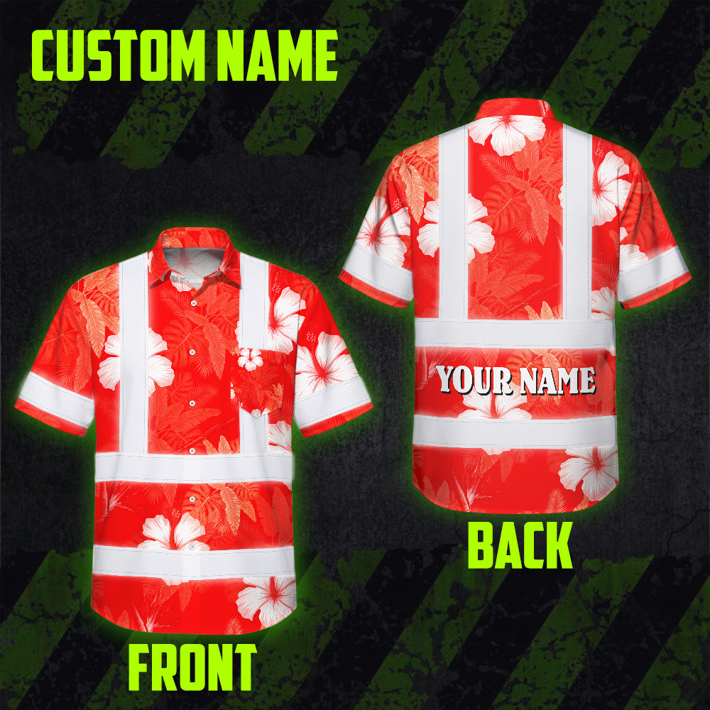 Hi Vis Hawaiian Shirt Reflective Tapes Red Neon Custom Name Safety Workwear For Workers, Truckers, Operators