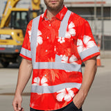 Hi Vis Hawaiian Shirt Reflective Tapes Red Neon Custom Name Safety Workwear For Workers, Truckers, Operators