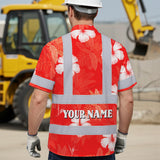 Hi Vis Hawaiian Shirt Reflective Tapes Red Neon Custom Name Safety Workwear For Workers, Truckers, Operators