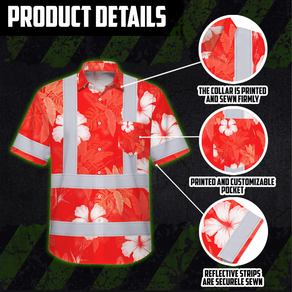 Hi Vis Hawaiian Shirt Reflective Tapes Red Neon Custom Name Safety Workwear For Workers, Truckers, Operators