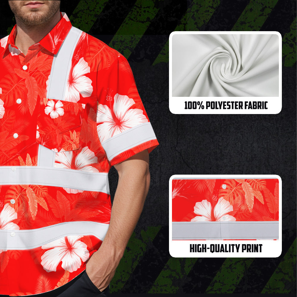 Hi Vis Hawaiian Shirt Reflective Tapes Red Neon Custom Name Safety Workwear For Workers, Truckers, Operators