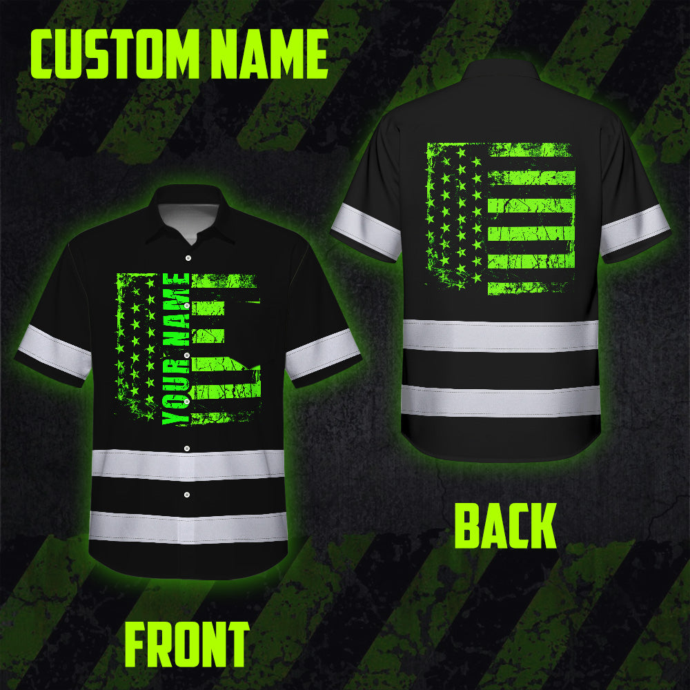Hi Vis Hawaiian Shirt Reflective Tapes Scratch Green Neon US Flag Custom