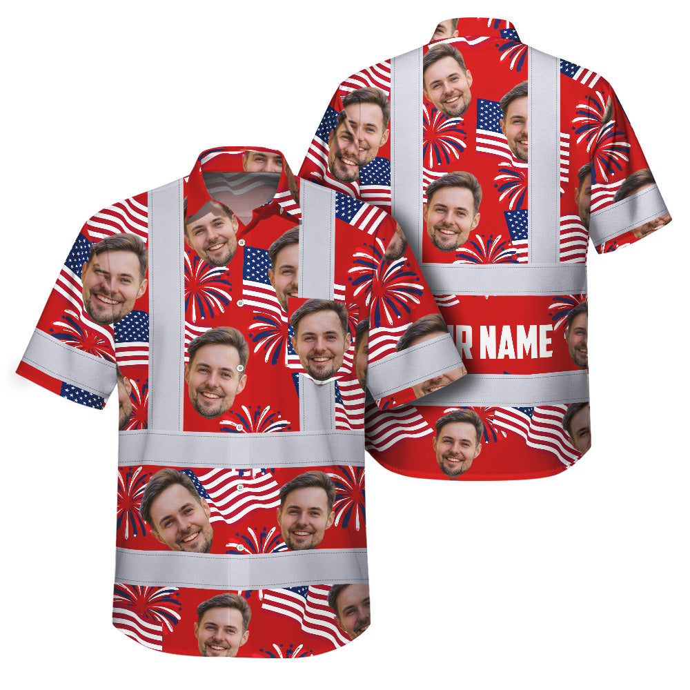 Hi Vis Hawaiian Shirt Reflective Tapes US Flag Blue Red 3 Custom Name And Image Safety Workwear For Workers, Truckers, Operators, Independence