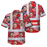 Hi Vis Hawaiian Shirt Reflective Tapes US Flag Blue Red 3 Custom Name And Image Safety Workwear For Workers, Truckers, Operators, Independence
