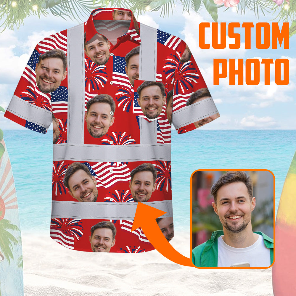 Hi Vis Hawaiian Shirt Reflective Tapes US Flag Blue Red 3 Custom Name And Image Safety Workwear For Workers, Truckers, Operators, Independence