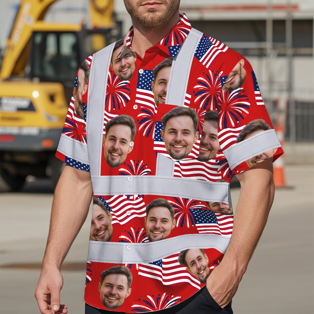 Hi Vis Hawaiian Shirt Reflective Tapes US Flag Blue Red 3 Custom Name And Image Safety Workwear For Workers, Truckers, Operators, Independence