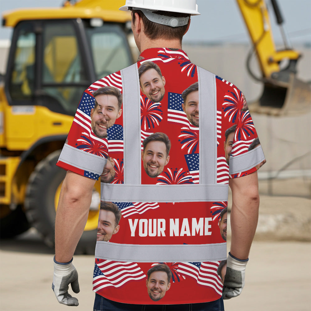 Hi Vis Hawaiian Shirt Reflective Tapes US Flag Blue Red 3 Custom Name And Image Safety Workwear For Workers, Truckers, Operators, Independence
