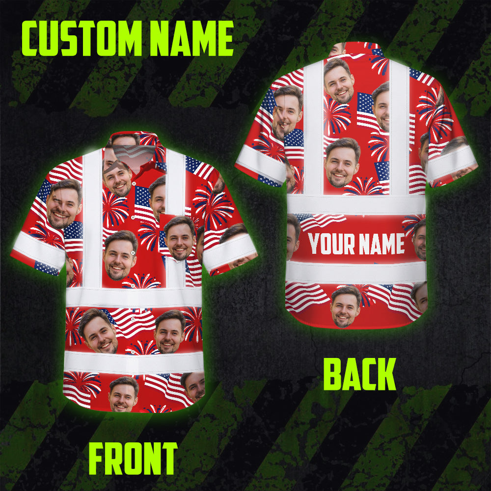 Hi Vis Hawaiian Shirt Reflective Tapes US Flag Blue Red 3 Custom Name And Image Safety Workwear For Workers, Truckers, Operators, Independence