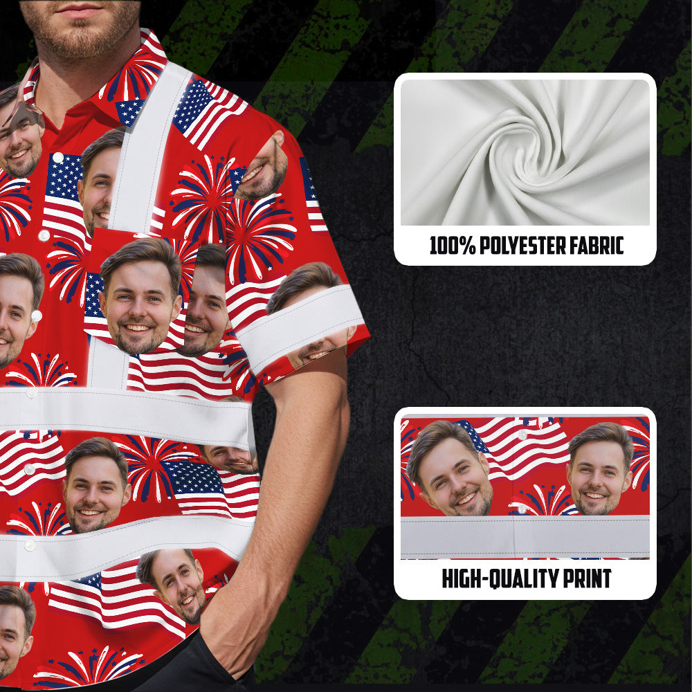 Hi Vis Hawaiian Shirt Reflective Tapes US Flag Blue Red 3 Custom Name And Image Safety Workwear For Workers, Truckers, Operators, Independence