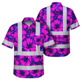 Hi Vis Hawaiian Shirt Reflective Tapes Violet Neon And Pink Flowers Custom Name Safety Workwear For Workers, Truckers, Operators