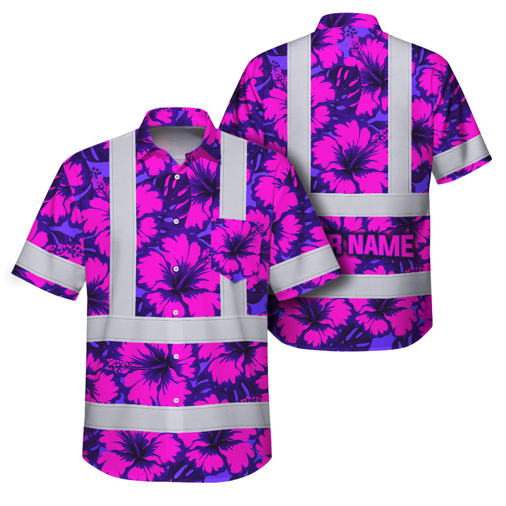 Hi Vis Hawaiian Shirt Reflective Tapes Violet Neon And Pink Flowers Custom Name Safety Workwear For Workers, Truckers, Operators