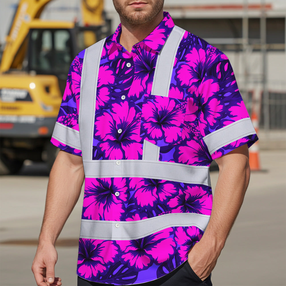 Hi Vis Hawaiian Shirt Reflective Tapes Violet Neon And Pink Flowers Custom Name Safety Workwear For Workers, Truckers, Operators