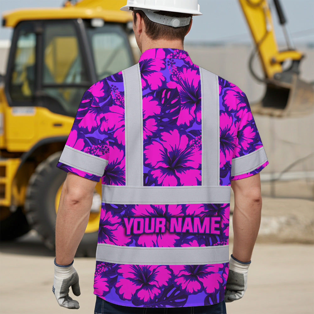 Hi Vis Hawaiian Shirt Reflective Tapes Violet Neon And Pink Flowers Custom Name Safety Workwear For Workers, Truckers, Operators