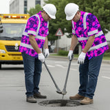 Hi Vis Hawaiian Shirt Reflective Tapes Violet Neon And Pink Flowers Custom Name Safety Workwear For Workers, Truckers, Operators
