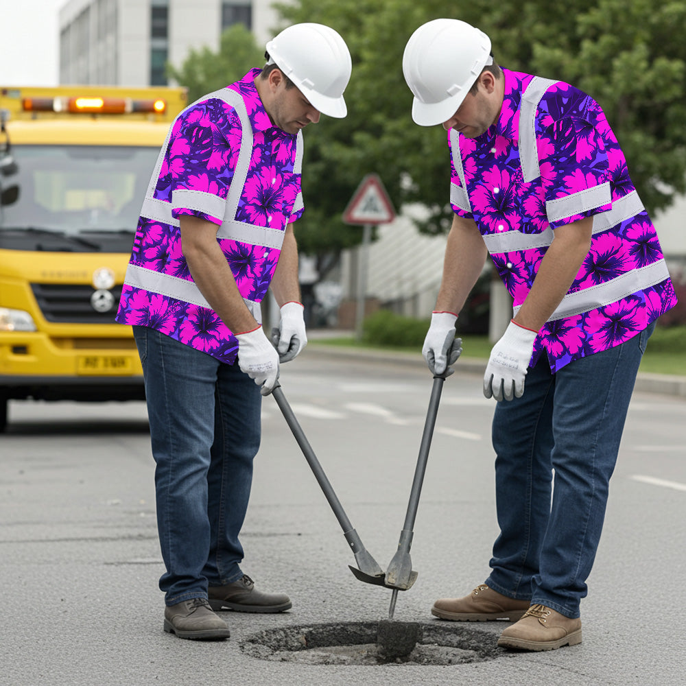 Hi Vis Hawaiian Shirt Reflective Tapes Violet Neon And Pink Flowers Custom Name Safety Workwear For Workers, Truckers, Operators