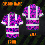 Hi Vis Hawaiian Shirt Reflective Tapes Violet Neon And Pink Flowers Custom Name Safety Workwear For Workers, Truckers, Operators