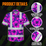Hi Vis Hawaiian Shirt Reflective Tapes Violet Neon And Pink Flowers Custom Name Safety Workwear For Workers, Truckers, Operators