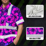 Hi Vis Hawaiian Shirt Reflective Tapes Violet Neon And Pink Flowers Custom Name Safety Workwear For Workers, Truckers, Operators