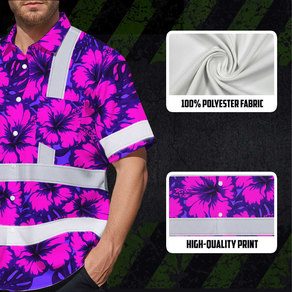 Hi Vis Hawaiian Shirt Reflective Tapes Violet Neon And Pink Flowers Custom Name Safety Workwear For Workers, Truckers, Operators