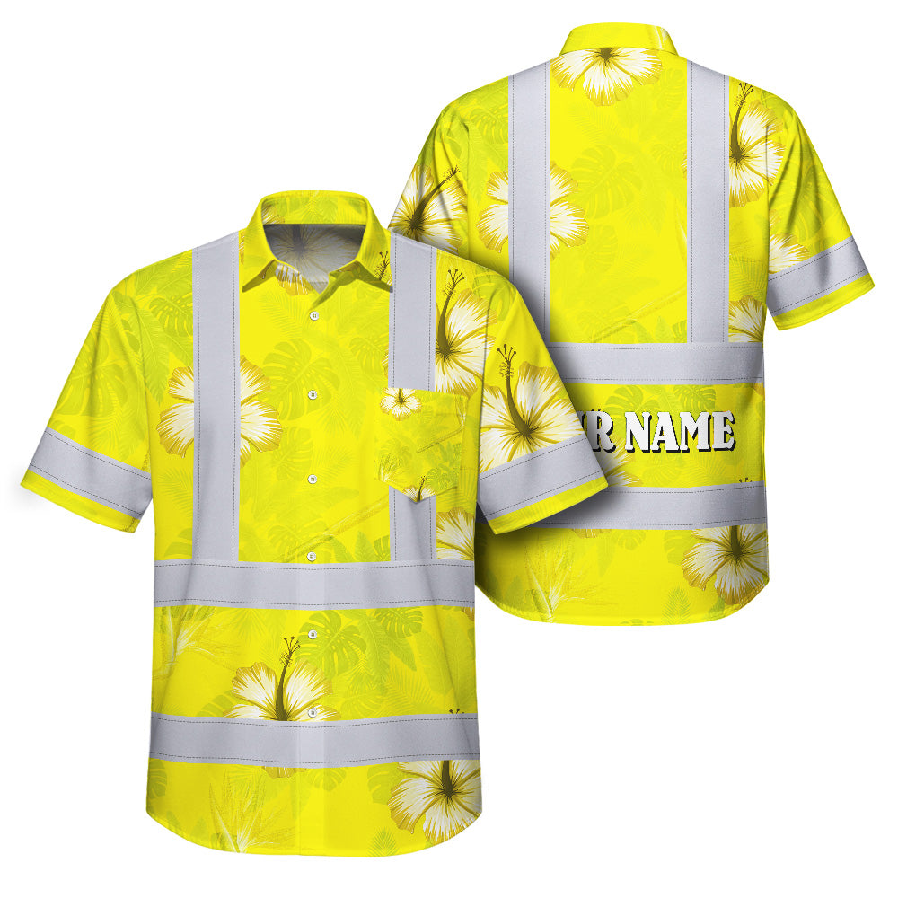 Hi Vis Hawaiian Shirt Reflective Tapes Yellow Neon Custom Name Safety Workwear For Workers, Truckers, Operators