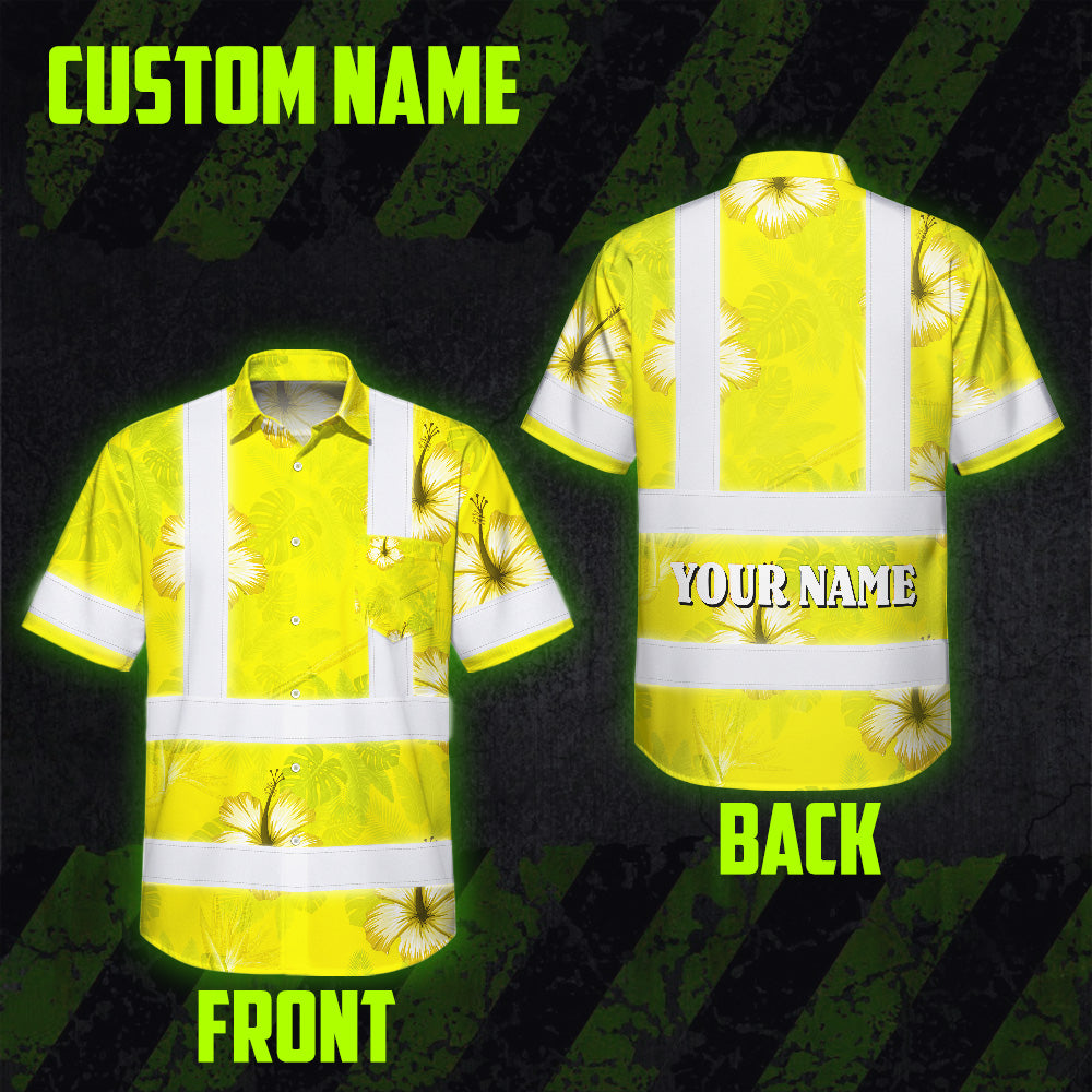 Hi Vis Hawaiian Shirt Reflective Tapes Yellow Neon Custom Name Safety Workwear For Workers, Truckers, Operators