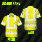 Hi Vis Hawaiian Shirt Reflective Tapes Yellow Neon Custom Name Safety Workwear For Workers, Truckers, Operators