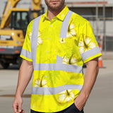 Hi Vis Hawaiian Shirt Reflective Tapes Yellow Neon Custom Name Safety Workwear For Workers, Truckers, Operators