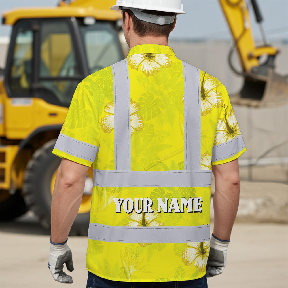 Hi Vis Hawaiian Shirt Reflective Tapes Yellow Neon Custom Name Safety Workwear For Workers, Truckers, Operators