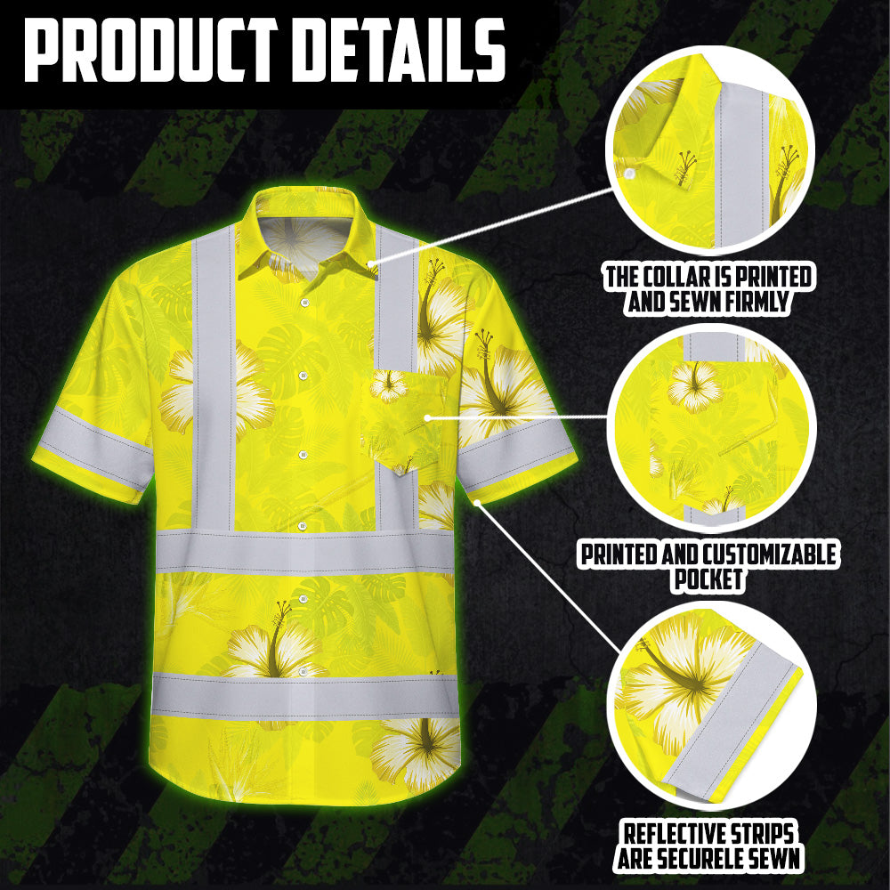 Hi Vis Hawaiian Shirt Reflective Tapes Yellow Neon Custom Name Safety Workwear For Workers, Truckers, Operators