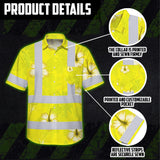 Hi Vis Hawaiian Shirt Reflective Tapes Yellow Neon Custom Name Safety Workwear For Workers, Truckers, Operators