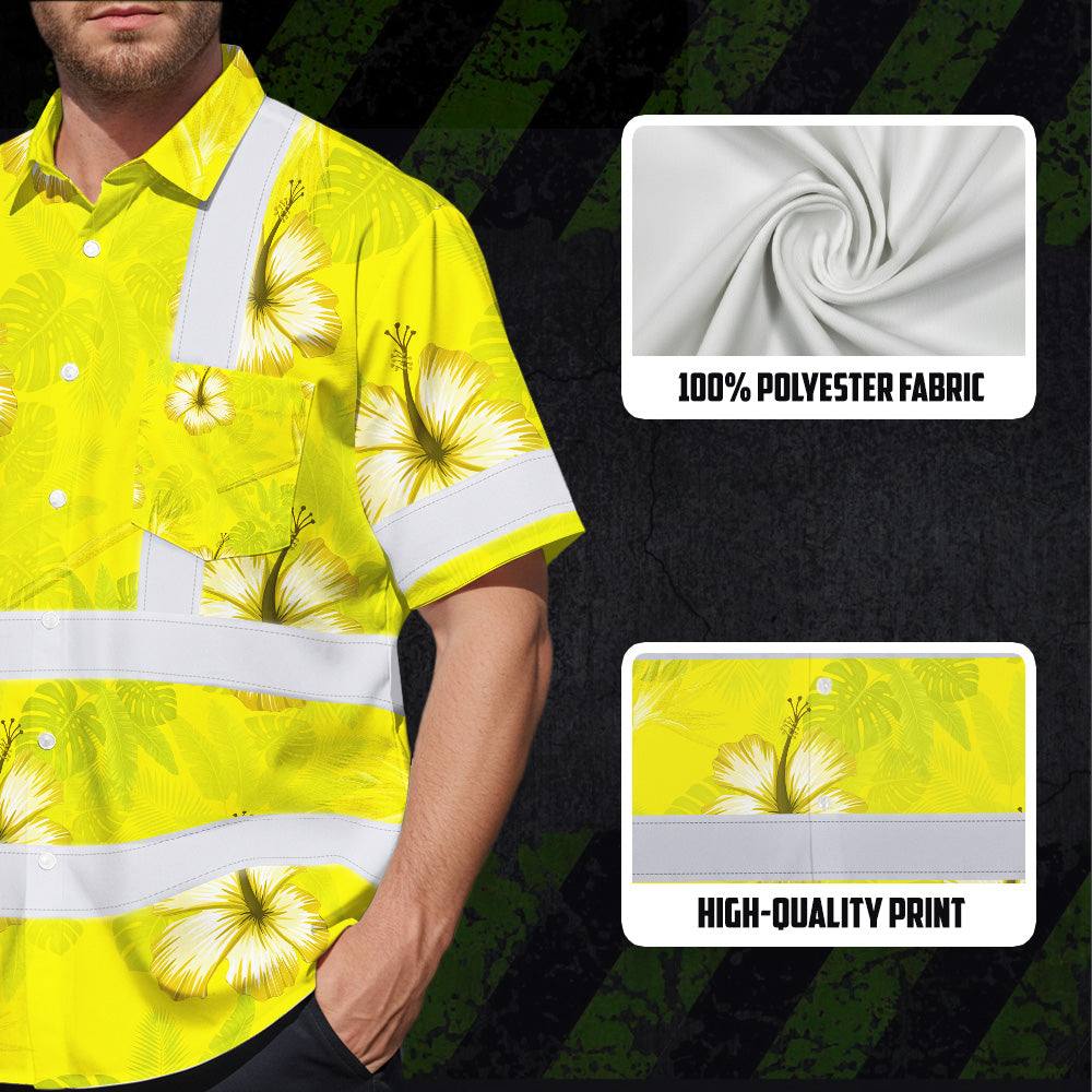 Hi Vis Hawaiian Shirt Reflective Tapes Yellow Neon Custom Name Safety Workwear For Workers, Truckers, Operators