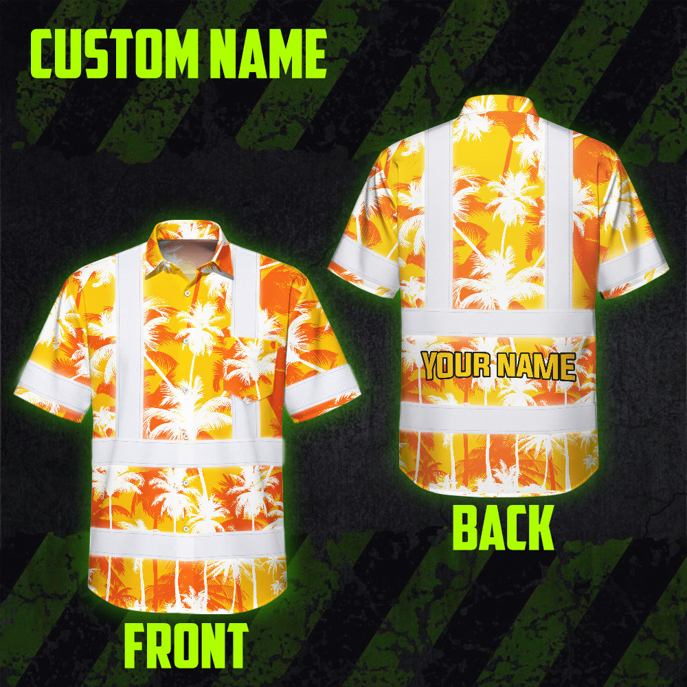 Hi Vis Hawaiian Shirt Reflective Tapes Yellow Neon Flowers Custom Name Safety Workwear For Workers, Truckers, Operators