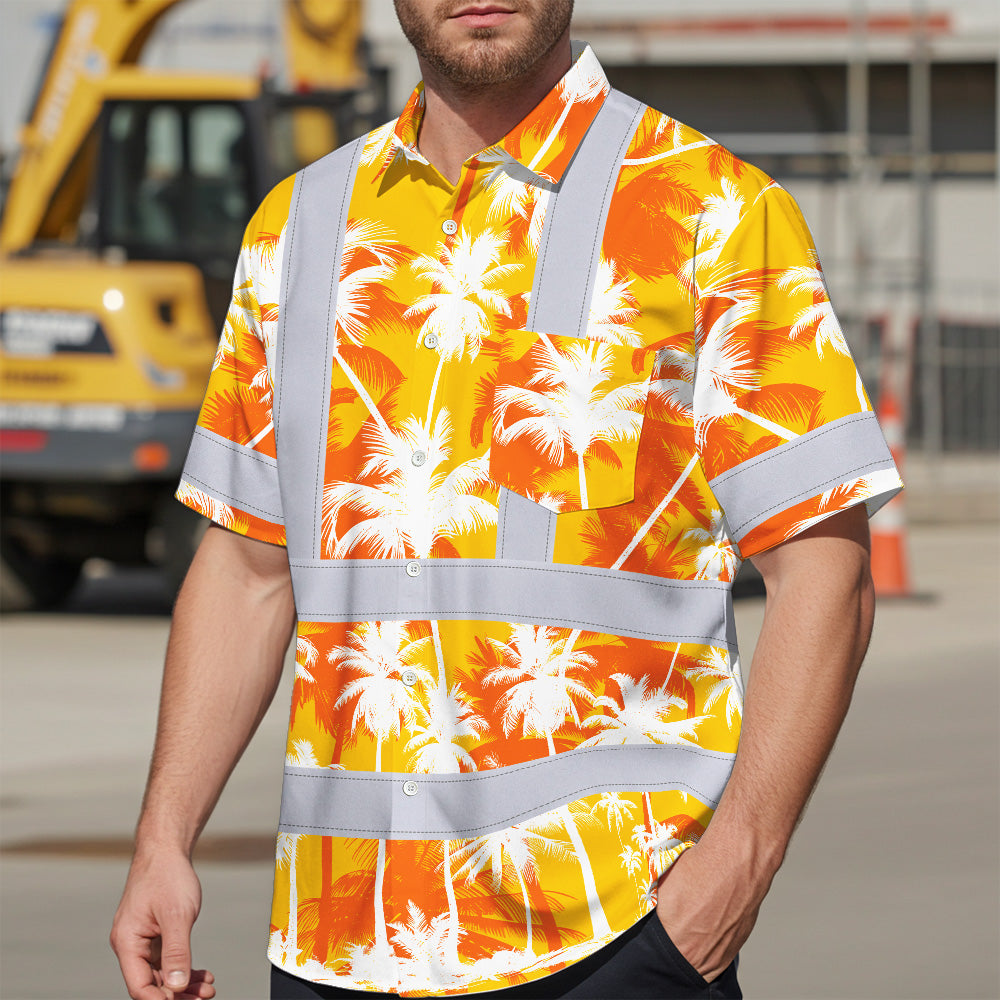 Hi Vis Hawaiian Shirt Reflective Tapes Yellow Neon Flowers Custom Name Safety Workwear For Workers, Truckers, Operators