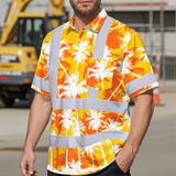 Hi Vis Hawaiian Shirt Reflective Tapes Yellow Neon Flowers Custom Name Safety Workwear For Workers, Truckers, Operators