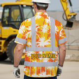 Hi Vis Hawaiian Shirt Reflective Tapes Yellow Neon Flowers Custom Name Safety Workwear For Workers, Truckers, Operators