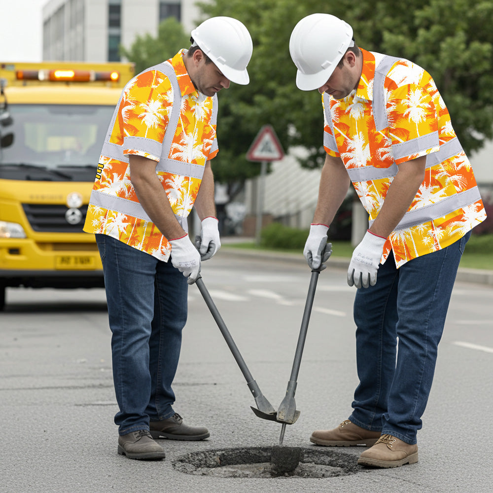 Hi Vis Hawaiian Shirt Reflective Tapes Yellow Neon Flowers Custom Name Safety Workwear For Workers, Truckers, Operators