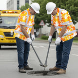 Hi Vis Hawaiian Shirt Reflective Tapes Yellow Neon Flowers Custom Name Safety Workwear For Workers, Truckers, Operators