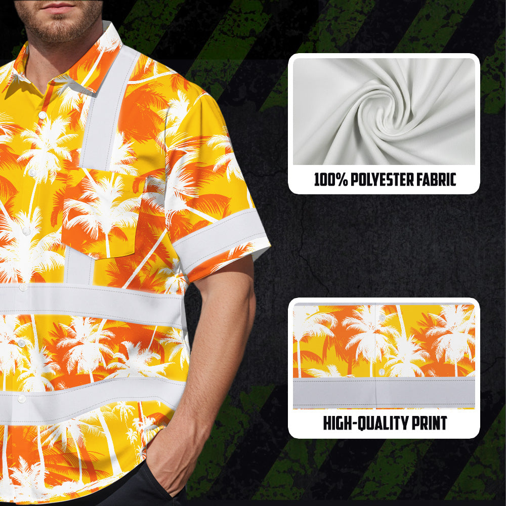 Hi Vis Hawaiian Shirt Reflective Tapes Yellow Neon Flowers Custom Name Safety Workwear For Workers, Truckers, Operators