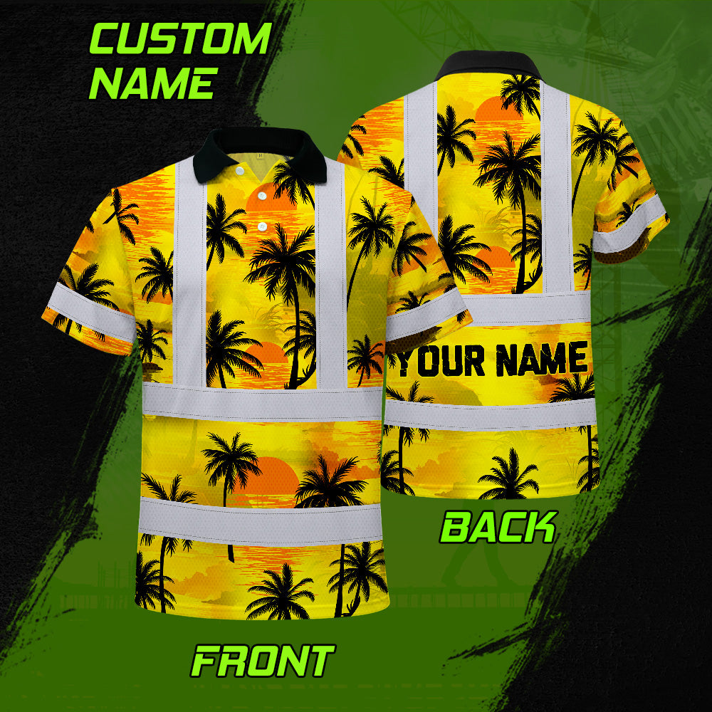Hi Vis Polo Shirt Reflective Tapes Yellow Neon Flowers Custom Name Safety Workwear Workers, Truckers, Operators