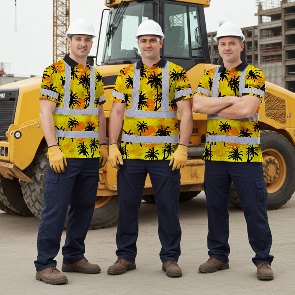 Hi Vis Polo Shirt Reflective Tapes Yellow Neon Flowers Custom Name Safety Workwear Workers, Truckers, Operators