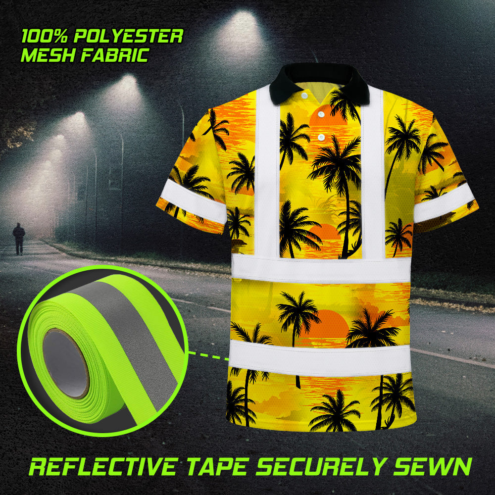 Hi Vis Polo Shirt Reflective Tapes Yellow Neon Flowers Custom Name Safety Workwear Workers, Truckers, Operators