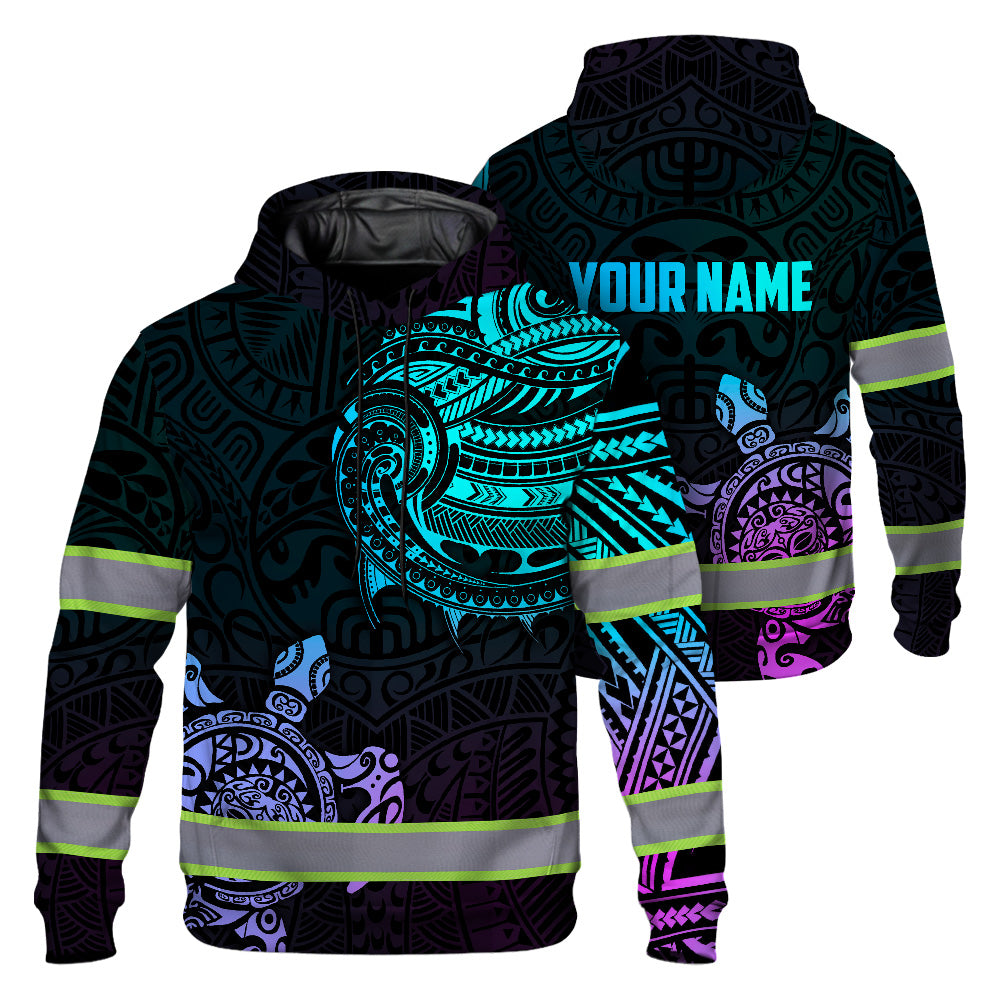 Hi Vis Hoodie Reflective Gradient Polynesian Turtle Hawaiian Custom Name Safety Workwear