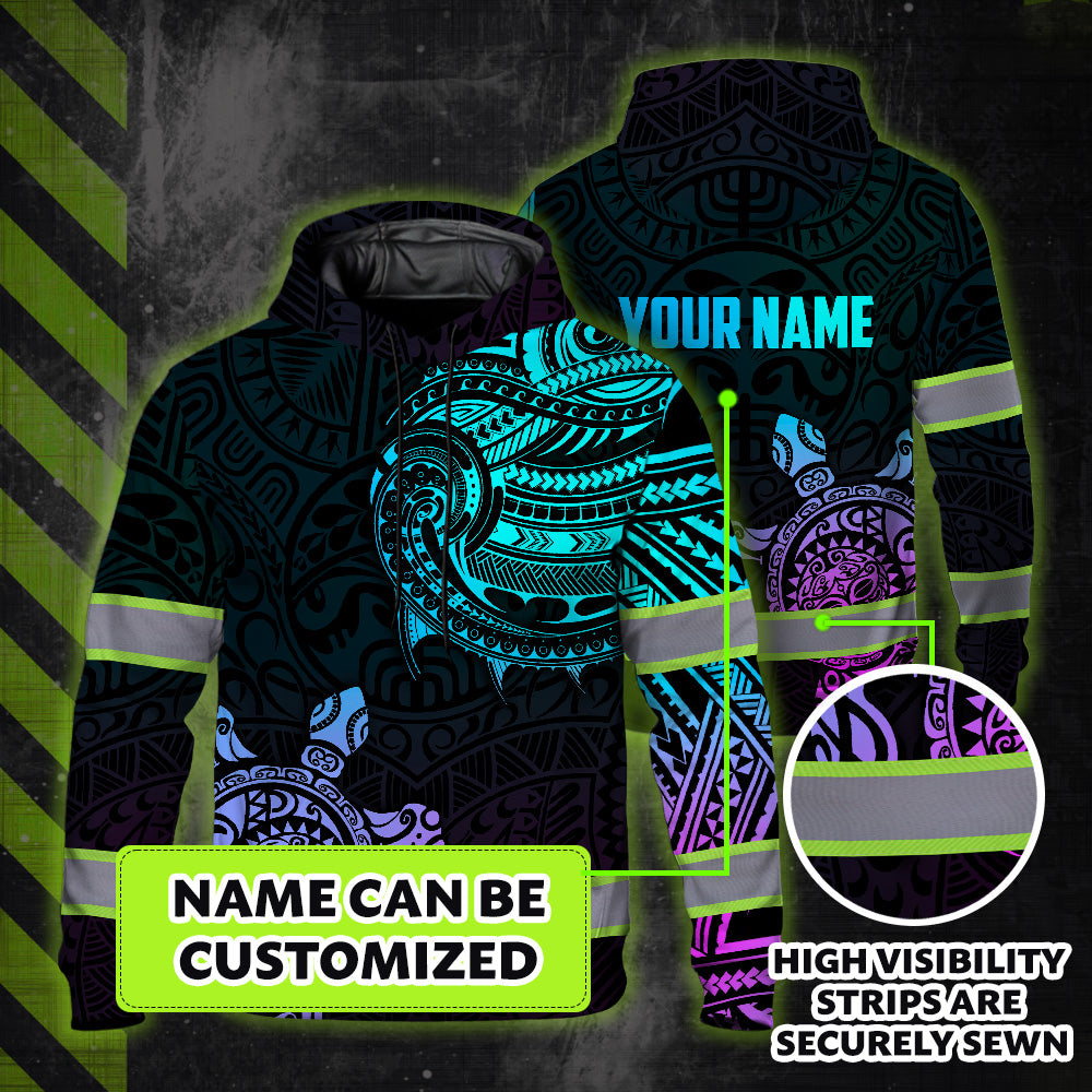 Hi Vis Hoodie Reflective Gradient Polynesian Turtle Hawaiian Custom Name Safety Workwear