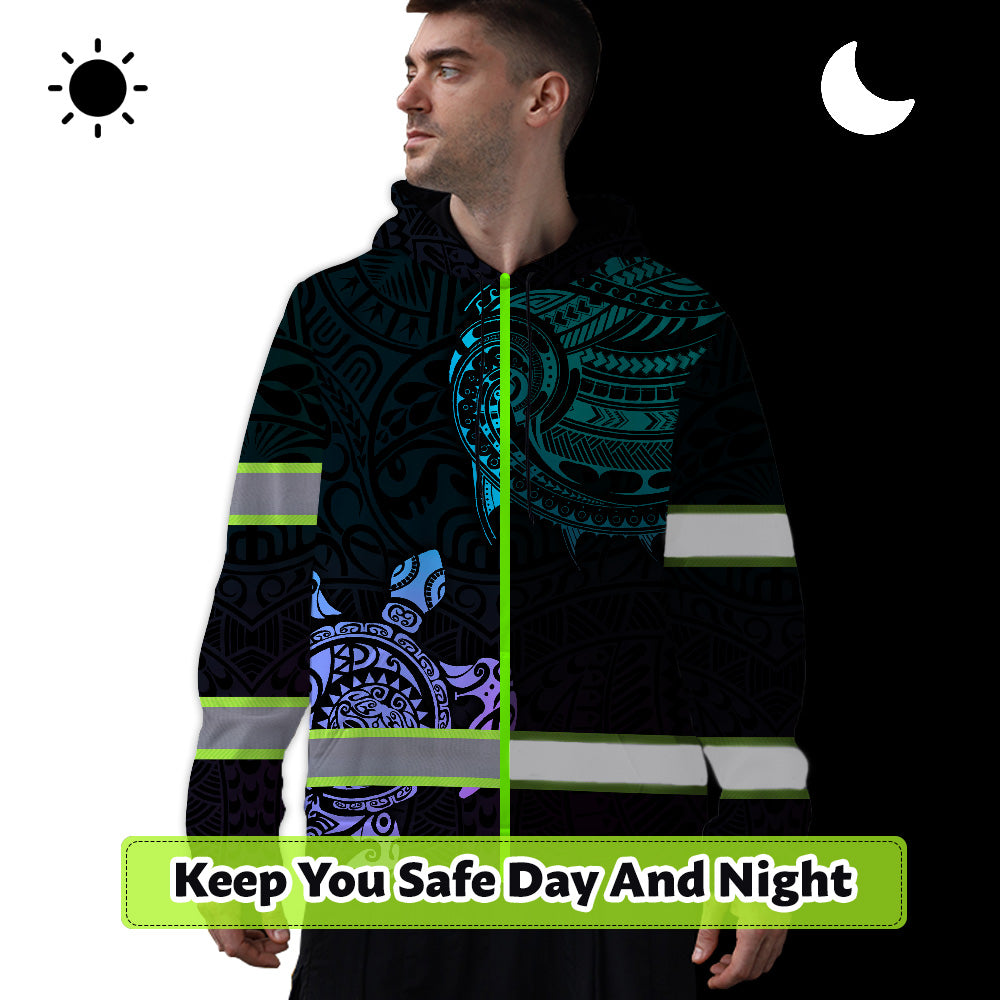Hi Vis Hoodie Reflective Gradient Polynesian Turtle Hawaiian Custom Name Safety Workwear
