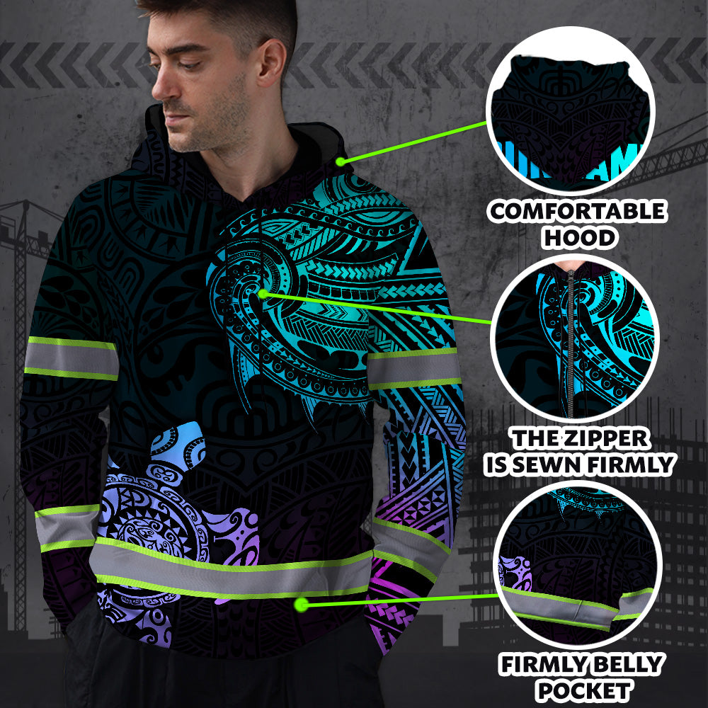 Hi Vis Hoodie Reflective Gradient Polynesian Turtle Hawaiian Custom Name Safety Workwear