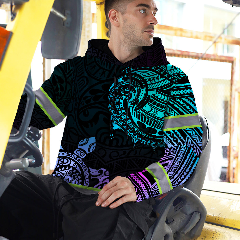 Hi Vis Hoodie Reflective Gradient Polynesian Turtle Hawaiian Custom Name Safety Workwear