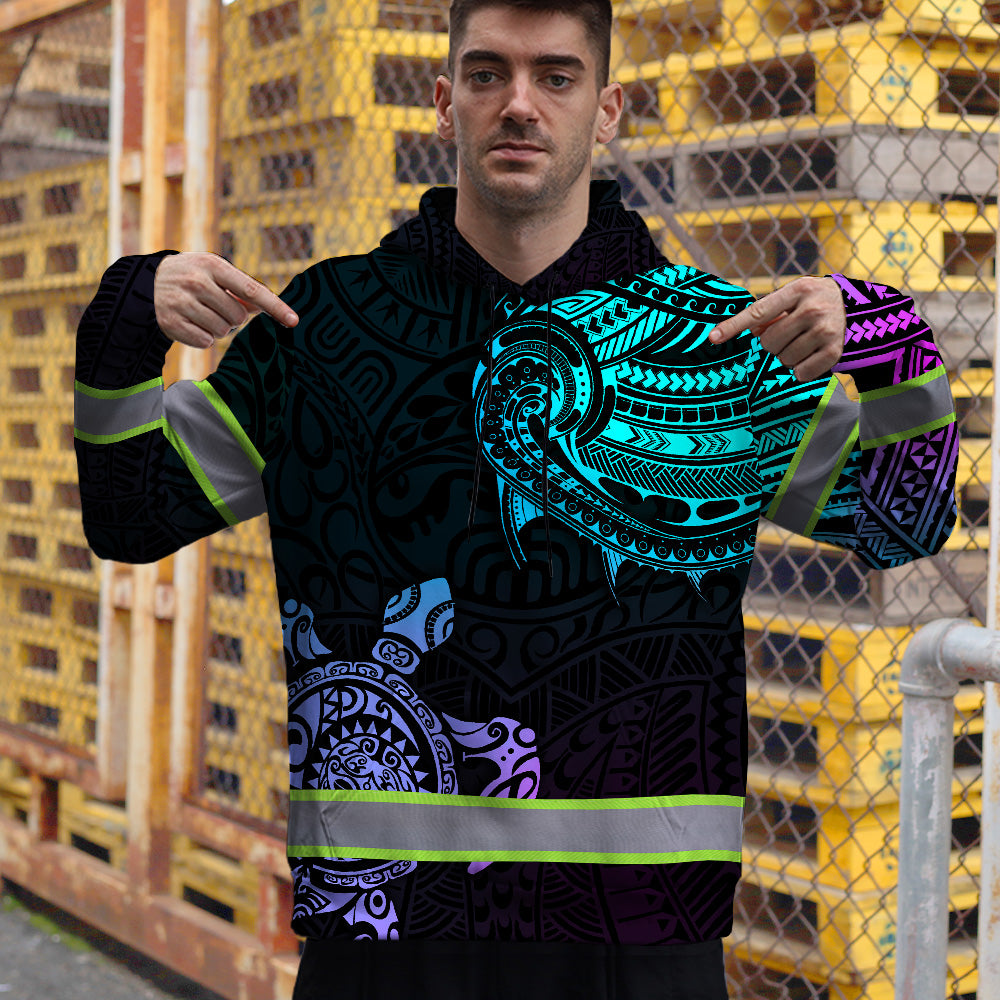 Hi Vis Hoodie Reflective Gradient Polynesian Turtle Hawaiian Custom Name Safety Workwear