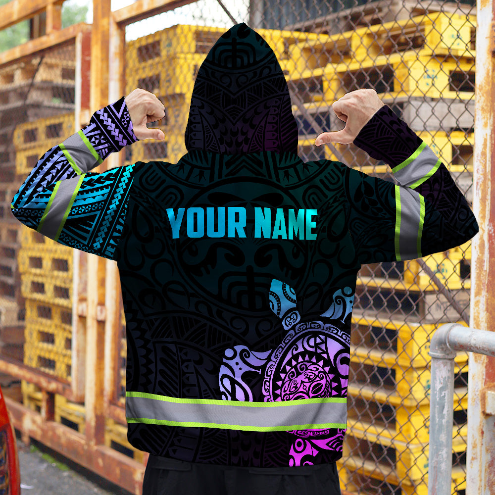 Hi Vis Hoodie Reflective Gradient Polynesian Turtle Hawaiian Custom Name Safety Workwear